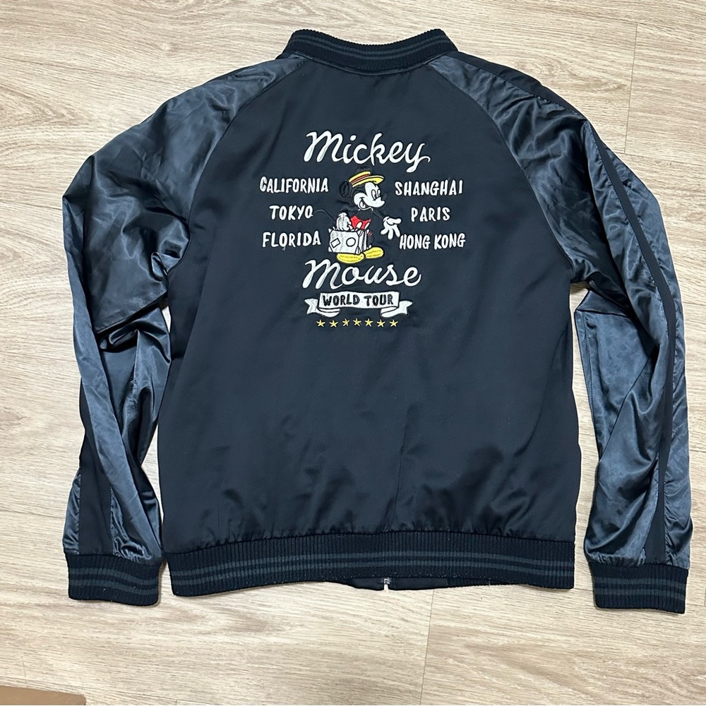 Uniqlo x Disney Bomber Jacket Mens Black Satiny Mickey Mouse World Tour sz M